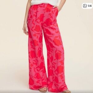 Kate Spade Classic Rose Wide-Leg Linen Floral Print Trousers Pink & Red